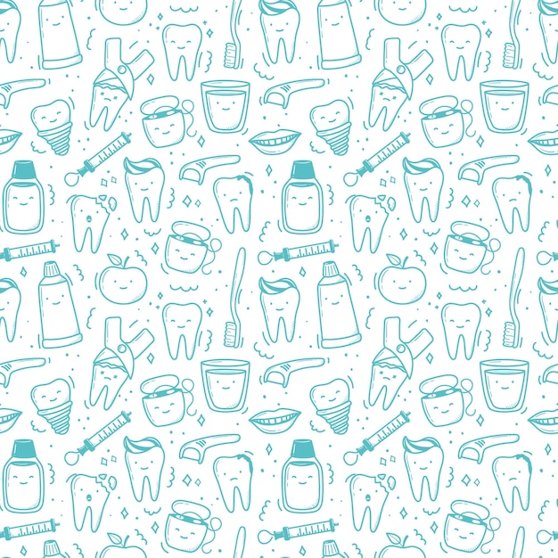 Padrão de dentes kawaii desenhado à mão em estilo doodle ilustrações simples lineares fofas