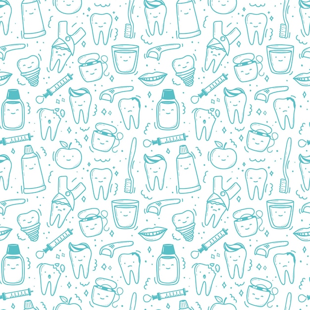 Vetor padrão de dentes kawaii desenhado à mão em estilo doodle ilustrações simples lineares fofas