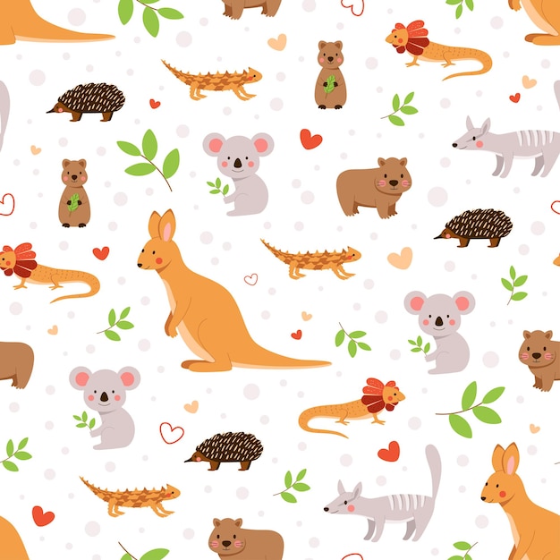 Padrão de desenho vetorial bonito com animais bebês Fundo infantil sem costura com fauna da Austrália