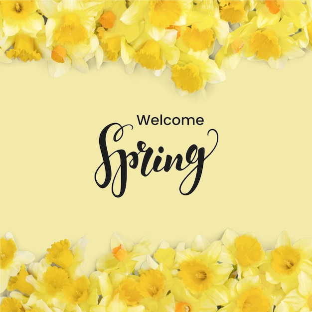 Vetor padrão de design floral de boas-vindas de fundo de primavera com letra de tipografia modelo de mídia social