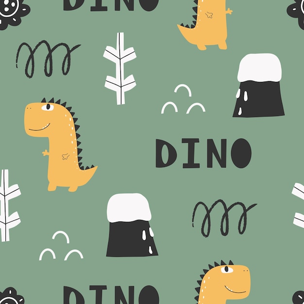 Padrão de dinossauro fofo - design de padrão sem costura de dinossauro infantil desenhado à mão