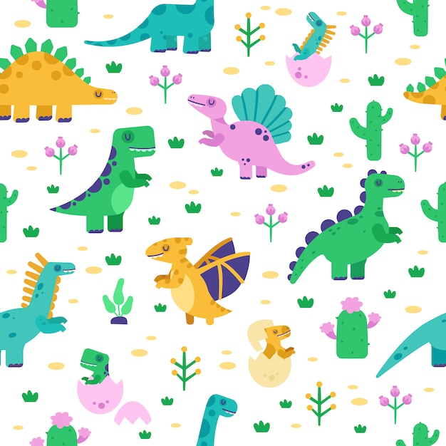 Padrão de dinossauro. padrão de doodle fofo dino, dinossauros mão tiranossauro desenhado, fundo de pterodátilo, ilustração perfeita de jurassic park. padrão sem emenda de fundo com animais pré-históricos