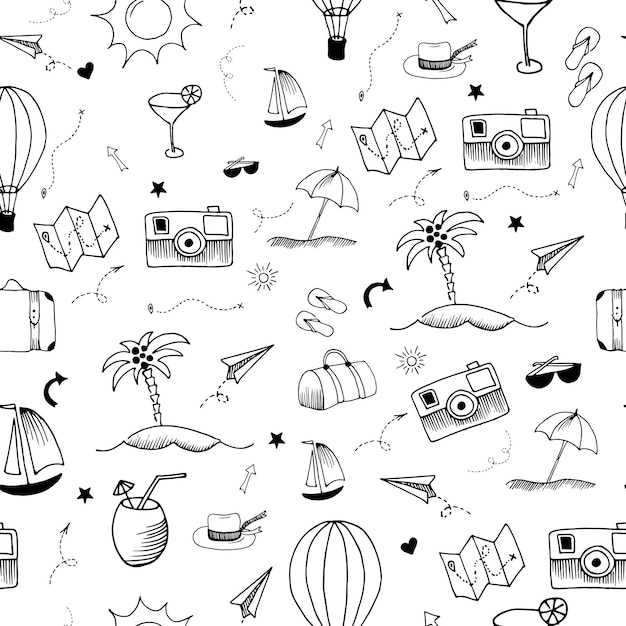 Vetor padrão de doodle de viagem. pano de fundo sem emenda do vetor. ilustrações simples em fundo branco transparente.