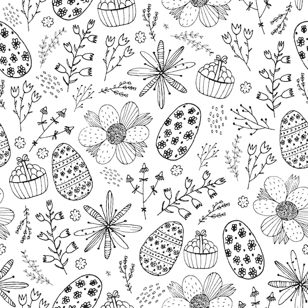 Padrão de doodle sem emenda da páscoa de vetor. ovos desenhados à mão, flores, folhas de fundo. conceito de férias para convite, cartão, bilhete, identidade visual, logotipo, etiqueta, emblema. página de livro para colorir para crianças adultas