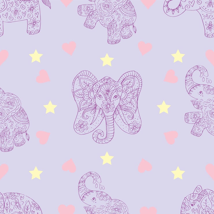 Vetor padrão de elefante roxo sem costura com corações e estrelas