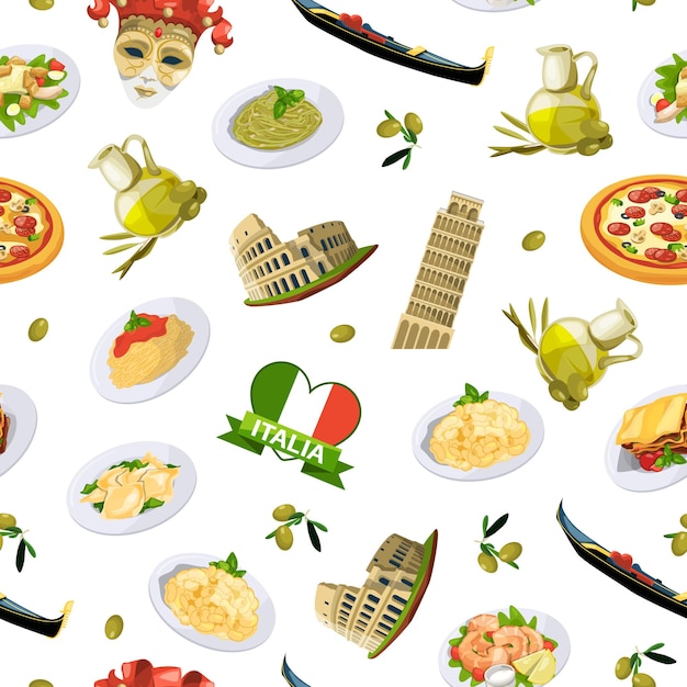 Padrão de elementos de cozinha italiana dos desenhos animados ou ilustração de fundo. refeição e comida tradicional