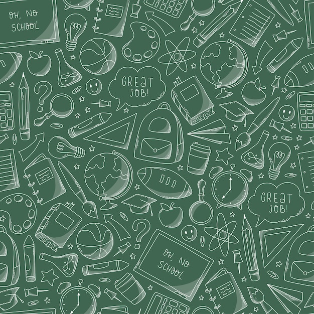 padrão de escola verde com material escolar de elementos de rabiscos