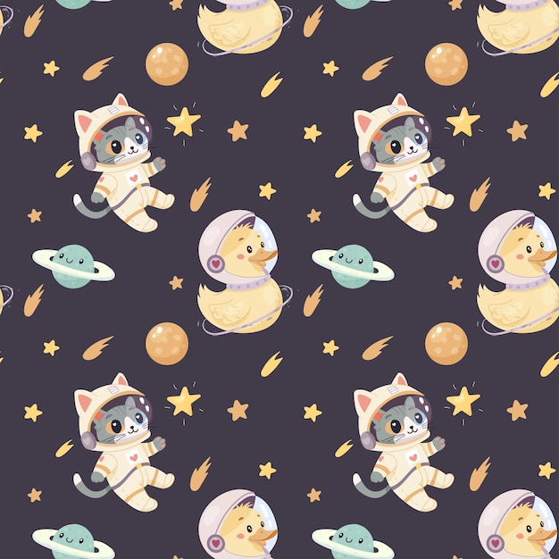 Padrão de espaço sem costura padrão de bebê de espaço bonito padrão de gato astronauta pato e planeta
