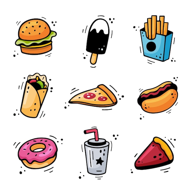 Padrão de fast food desenhado à mão padrão sem costura com elementos de fast food hambúrguer pizza cachorro-quente donut batatas fritas sorvete soda torta doner kebab pitta burrito estilo de quadrinhos ilustração vetorial