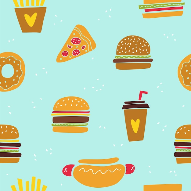Padrão de fast-food. hambúrguer, pizza, café e outros fast food, desenhados no estilo de doodles.