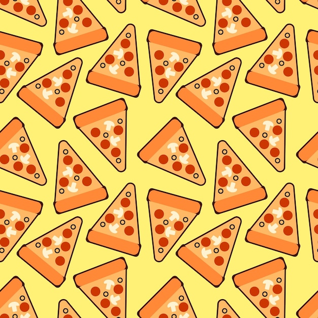 Vetor padrão de fatias de pizza na moda sem costura pizza de vetor bonito para papéis de parede de tecido embrulhando cartões de papel e ilustração da web em fundo amarelo