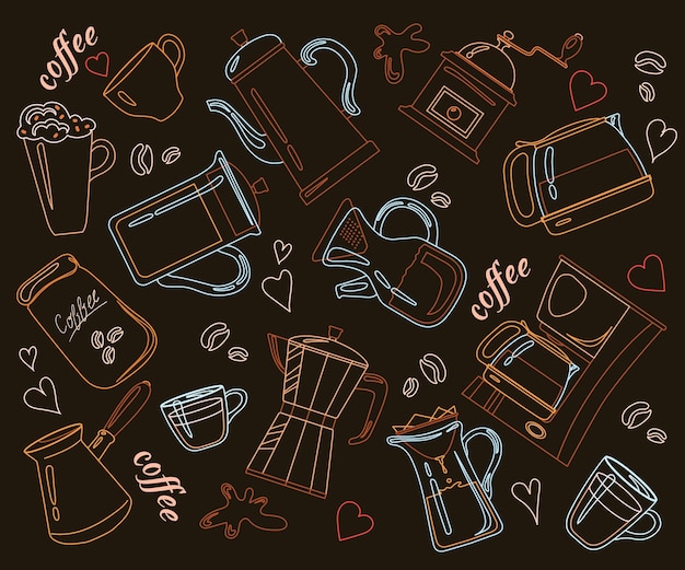 Padrão de ferramentas de café ferramenta de contorno para cozinhar chá ou café, bebidas com leite, doodle fundo de pictograma para cafeteria linha de impressão restaurante utensílios de cozinha ilustração em vetor cafeteira