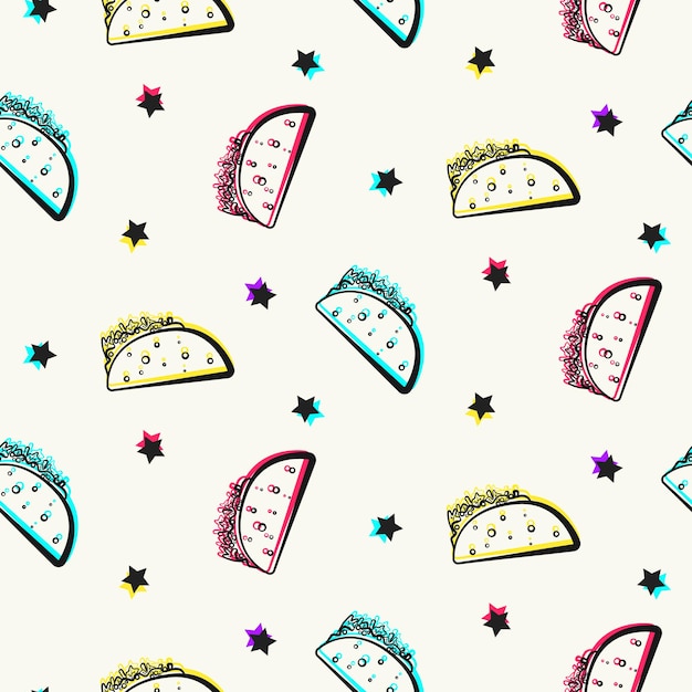 Padrão de festa brilhante com tacos e estrelas. textura plana mexicana de contorno colorido de taco em quadrinhos