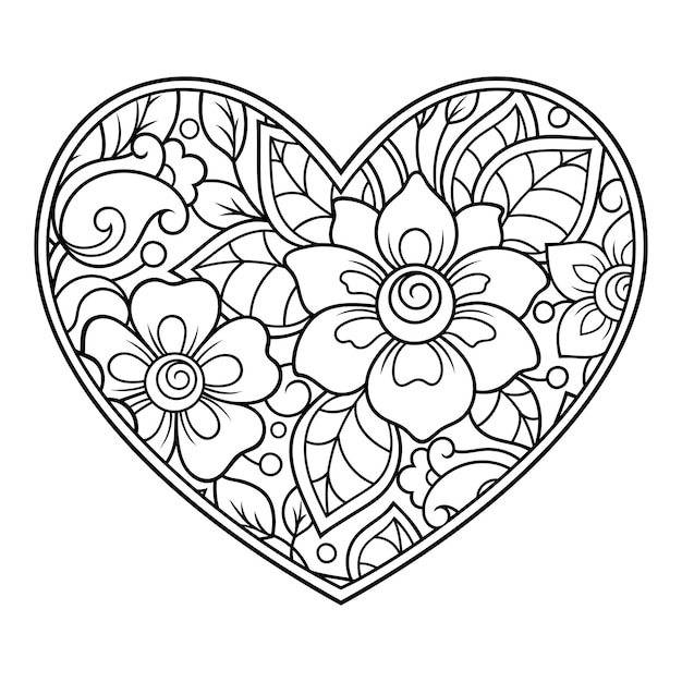 Padrão de flor mehndi em forma de coração para desenho e tatuagem de henna decoração em estilo indiano oriental étnico saudações do dia dos namorados página do livro para colorir