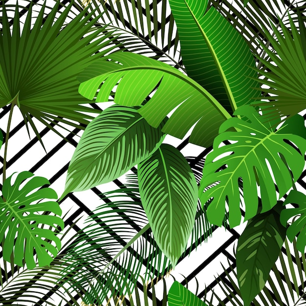 Padrão de flores tropicais impressão floral folha de palma Plantas da selva de verão impressão geométrica exótica preta e branca Decoração botânica da selva papel de embrulho têxtil fundo sem costura vetor