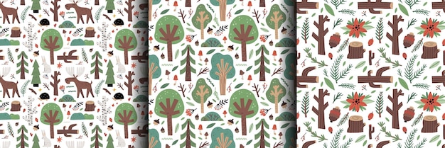 Vetor padrão de floresta árvores verdes bonitas desenhos animados impressão infantil design infantil escandinavo decoração têxtil papel de embrulho papel de parede de berçário doodle desenho vetor florestal fundo desenhado à mão sem costura