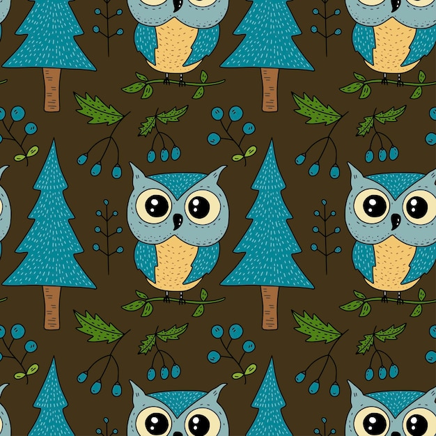 Padrão de floresta vetorial sem costura com ilustrações coloridas fofas