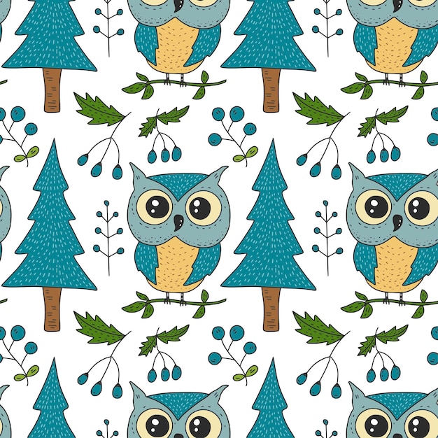 Padrão de floresta vetorial sem costura com ilustrações coloridas fofas