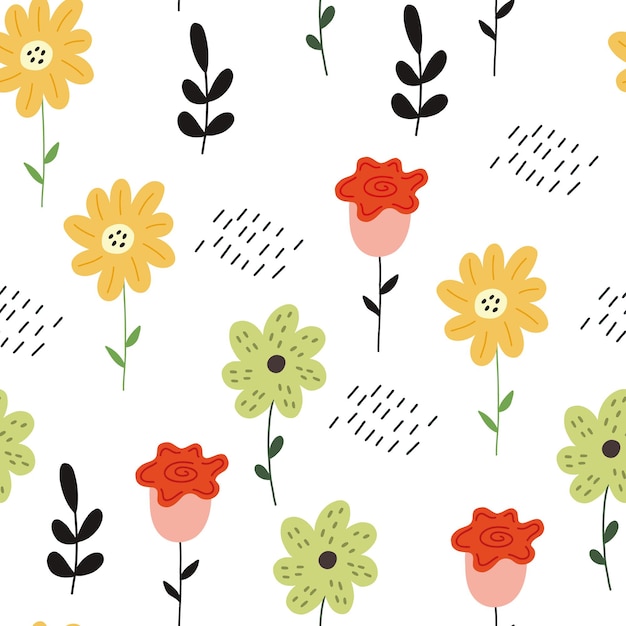 Padrão de folha de flores silvestres de crianças sem costura. papel digital ingênuo, papel de parede para berçário, tecido infantil. projeto do vetor do doodle desenhado à mão do chá de bebê