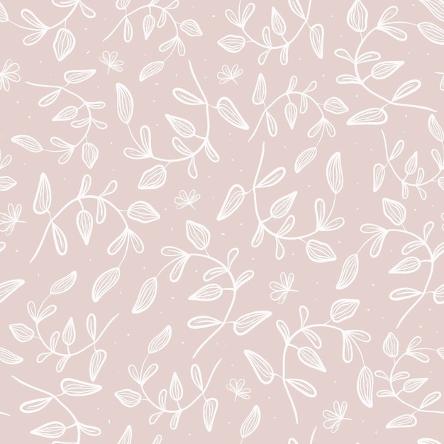 Padrão de folhagem sem emenda de vetor. Doodle galhos e caules com folhas, botões de flores em um fundo bege.