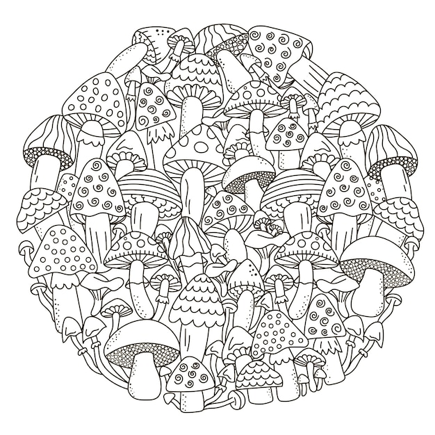 Padrão de forma de círculo com cogumelos de fantasia para colorir livro