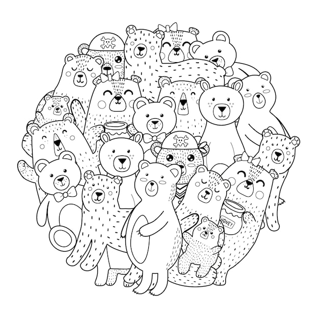 Padrão de forma de círculo de ursos fofos para livro de colorir. animais da floresta para colorir. estampa estilo doodle