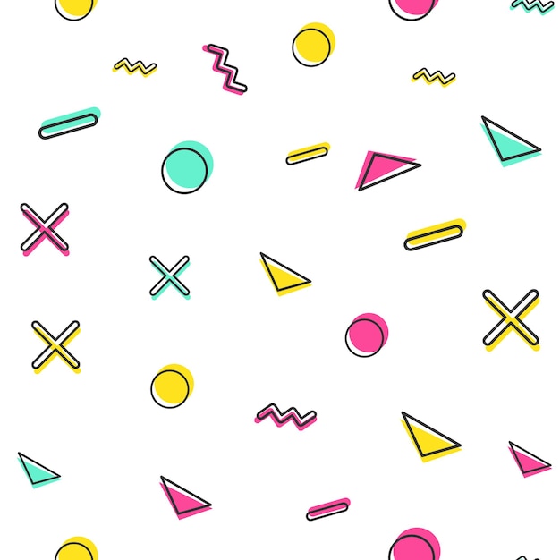 Padrão de forma geométrica aleatória, fundo abstrato nos anos 80, estilo retro dos anos 90. Ilustração geométrica colorida