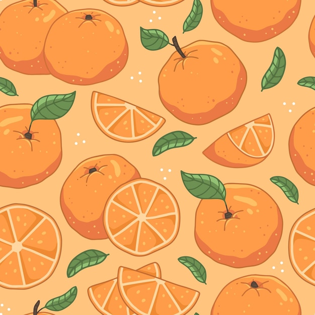 Padrão de frutas sem costura com laranjas e folhas em um fundo de ilustração de fundo laranja