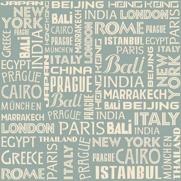 Padrão de fundo sem costura de escrever diferentes cidades e países