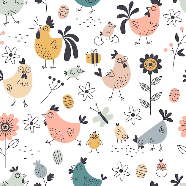 Vetor padrão de galinhas engraçadas sem costura desenho animado galos e galinhas adoráveis pássaros domésticos decorativos impressão de primavera papel de papel de embrulho têxtil de decoração fundo vetorial arrumado