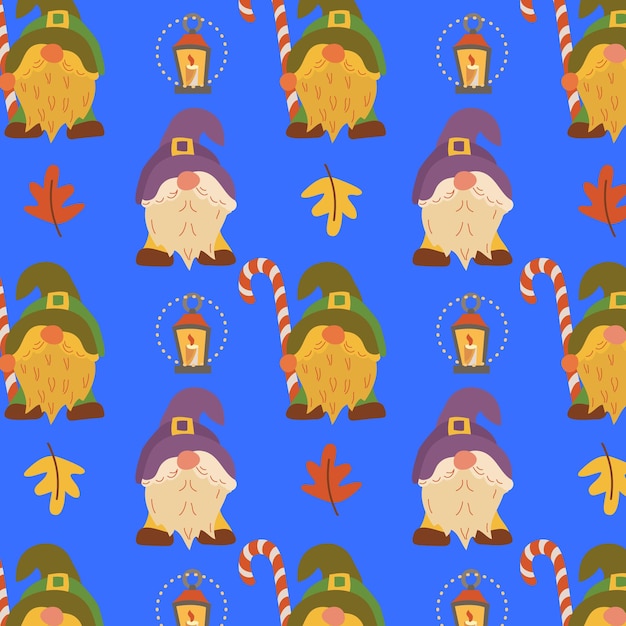 Padrão de gnomo com personagens de outono vector gnome com lanterna de folhas e pirulito fundo sem costura para scrapbooking têxtil ou coisas de bebê papel de parede de outono com personagens de conto de fadas