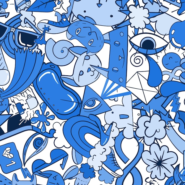 Padrão de graffiti com ícones de linha de estilo de vida urbano fundo de vetor abstrato doodle louco colagem de estilo linear na moda com elementos bizarros de arte de rua