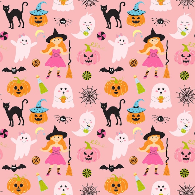 Padrão de halloween sem costura com bruxas fofas fantasmas cor-de-rosa morcegos abóboras assustadoras, doces de gato e veneno