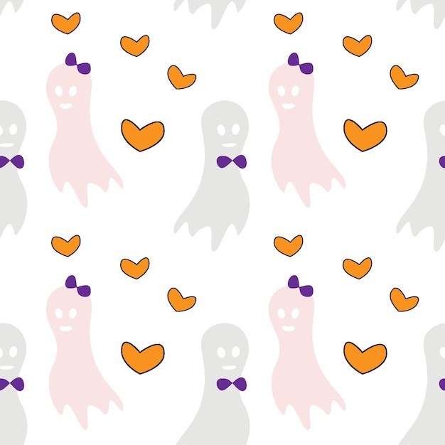 Vetor padrão de halloween sem costura com dois fantasmas apaixonados e formas de coração laranja isolar feliz dia das bruxas