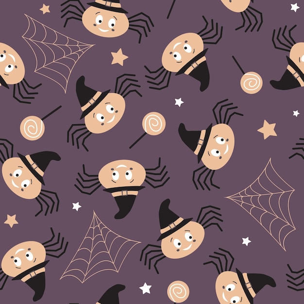Vetor padrão de halloween sem costura vetor criativo fundo escuro assustador com aranha fofa engraçado assustador