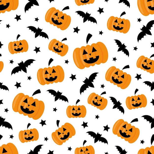 Padrão de Halloween sem costura vetorial com abóbora laranja e morcego preto