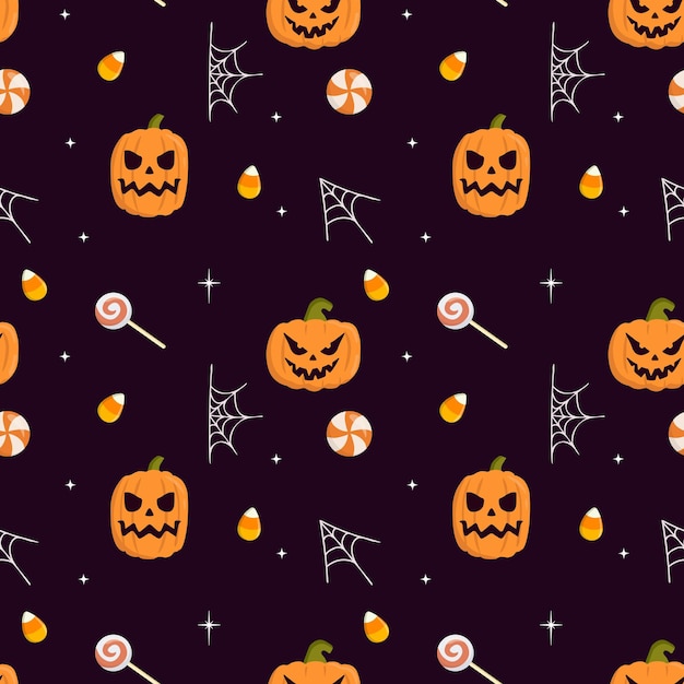 Padrão de halloween sem costura vetorial com teia de aranha de doces de abóbora isolada em fundo roxo perfeito para embrulho de tecido papel de parede têxtil cartões de saudação fundo de halloween