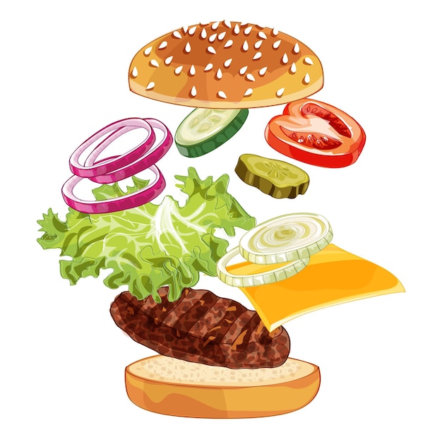 padrão de ilustração realista de salto de hambúrguer, delicioso hambúrguer explodido com ingredientes alface, cebola, hambúrguer, tomate, queijo, pão isolado no fundo branco