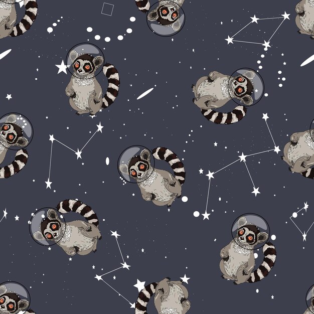 Vetor padrão de lémures alegres e constelações um lémur em um terno espacial no espaço