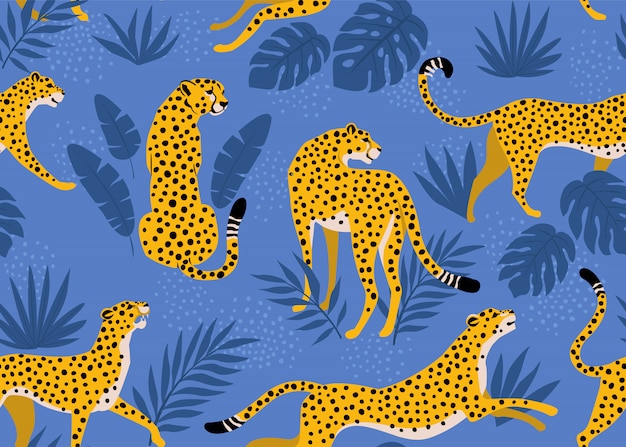 Padrão de leopardo com folhas tropicais. vector sem emenda.