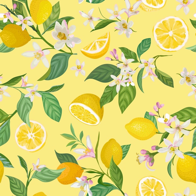 Padrão de limão sem costura com frutas tropicais, folhas, fundo de flores. mão desenhada ilustração vetorial em estilo aquarela para capa romântica de verão, papel de parede tropical, textura vintage