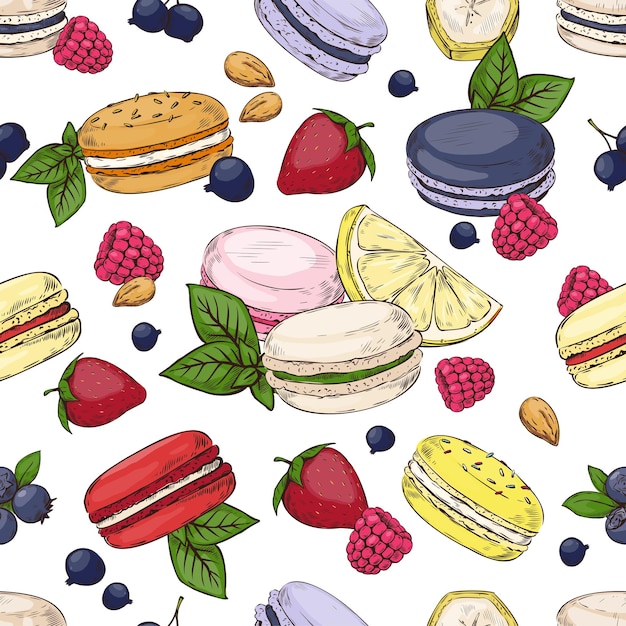 Padrão de macaron de Paris Impressão perfeita com sobremesa francesa popular colorida de farinha de amêndoa e sabores diferentes Pedaços de frutas e bagas Deliciosos biscoitos Vetor mão desenhada textura de confeitaria