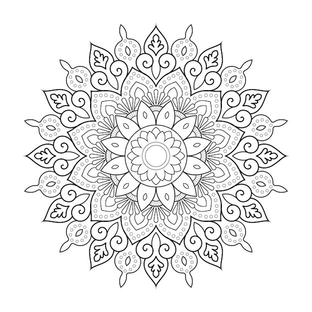 Padrão de mandala circular de contorno floral com arte de linha preta e branca indiana de estilo étnico árabe
