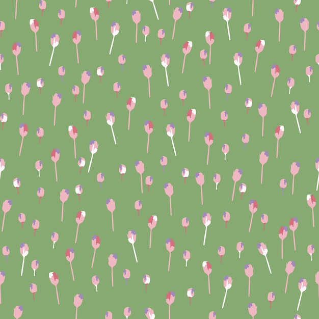 Vetor padrão de minúsculas tulipas abstratas misturadas sem costura em fundo verde