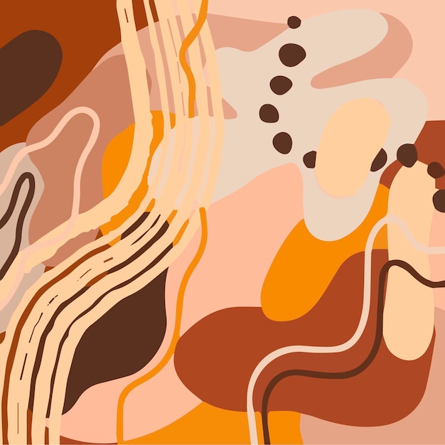 Padrão de moda abstrata com formas orgânicas, manchas, linhas, pontos, em tons suaves de marrons pastel.