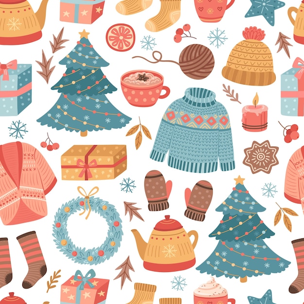 Padrão de Natal aconchegante. Presente de inverno, feriado escandinavo da bebida da caneca. Decoração de Natal criativa, textura perfeita de vetor de doces de luvas. Ilustração de fundo de Natal sem costura, sobremesa doce e presentes