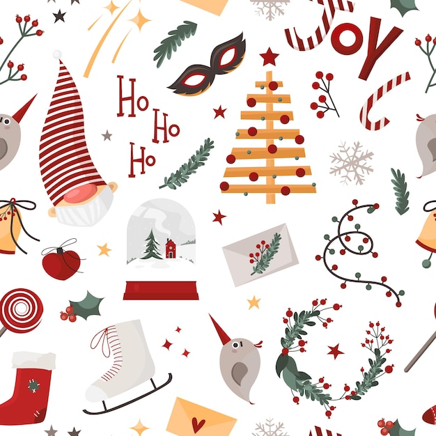 Padrão de natal brilhante e colorido com brinquedos santa árvore e flocos de neve em estilo desenhado à mão