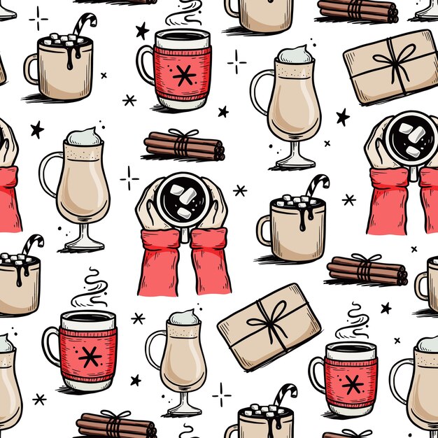 Padrão de natal com bebida quente de inverno, café, chá, chocolate. estilo de esboço do doodle desenhado de mão. copo de bebida, caneca com lenço de inverno. ilustração vetorial.