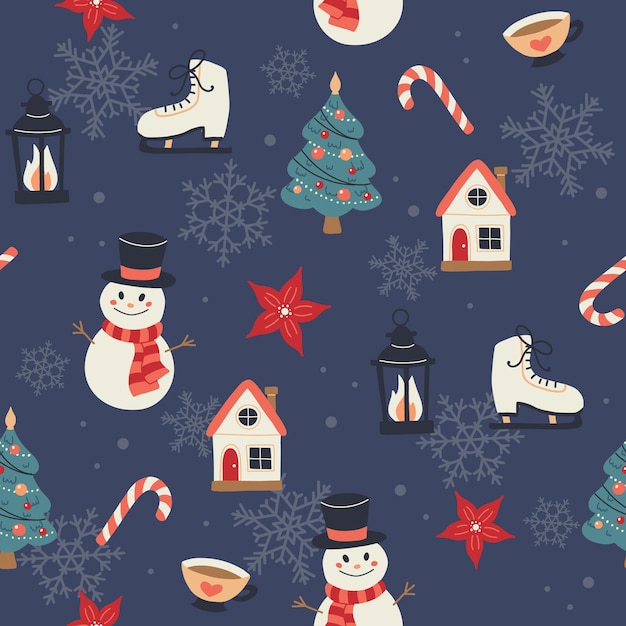 Padrão de natal com bonecos de neve, árvore de natal, casas, lanternas. fundo festivo com elementos desenhados à mão, ilustração vetorial
