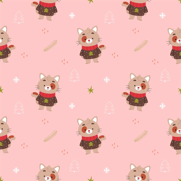 Padrão de Natal de Inverno de Ano Novo com um gato castanho em uma camisola aconchegante em um fundo rosa